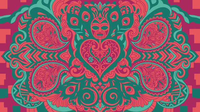 Un motif ornemental complexe et sym&eacute;trique avec un c&oelig;ur central, des &eacute;l&eacute;ments de style cachemire et des d&eacute;tails de masque stylis&eacute; dans des tons vibrants de rose et de turquoise.