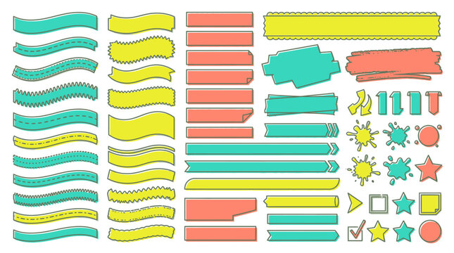 Eine Sammlung von handgezeichneten, farbenfrohen Bannern, Etiketten, Rahmen und dekorativen Elementen im Doodle-Stil auf wei&szlig;em Hintergrund f&uuml;r kreative Designprojekte