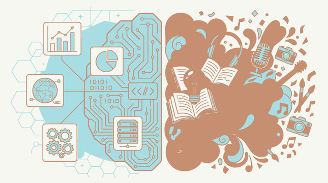 Eine kreative Illustration der Gehirnh&auml;lften, die logisches, technisches Denken mit k&uuml;nstlerischer, musikalischer Inspiration und emotionaler Kreativit&auml;t in einem dualen Design verbindet.