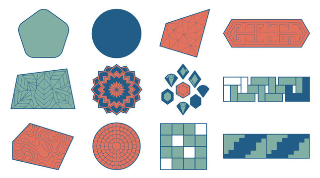 Ensemble d'&eacute;l&eacute;ments graphiques vectoriels comprenant diverses formes g&eacute;om&eacute;triques, motifs de pavage, mandalas et textures d&eacute;coratives aux couleurs bleu, vert et corail sur fond blanc.