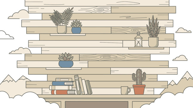 Ilustraci&oacute;n vectorial de una pared de madera con estantes flotantes decorados con plantas suculentas, cactus, libros y una linterna sobre un fondo de cielo con nubes y monta&ntilde;as.