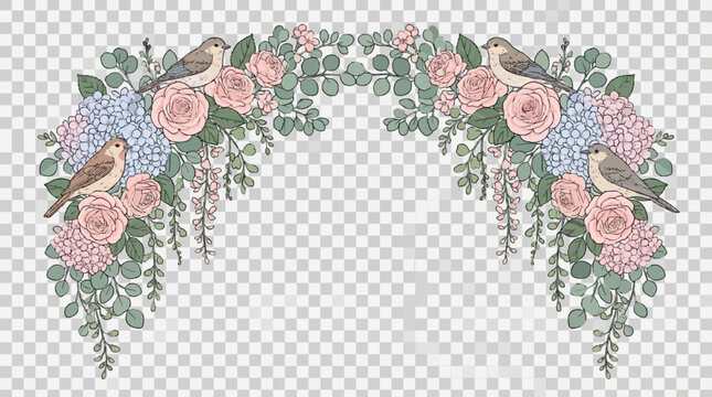 A detailed semi-circular botanical arch illustration composed of beautiful pink roses, blue hydrangeas, and trailing green eucalyptus foliage. Four realistic birds are shown perching within the floral