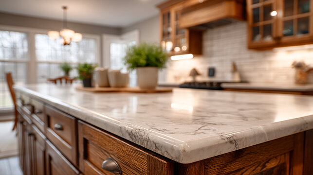 Modern kitchen island with stone countertop and wooden cabinetry interior