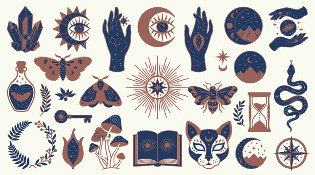 Ensemble d'ic&ocirc;nes &eacute;sot&eacute;riques et mystiques comprenant des mains, des cristaux, des papillons de nuit, des lunes, des serpents et des symboles occultes dans un style boh&egrave;me plat et moderne