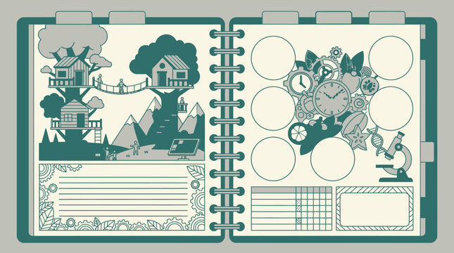 Ilustraci&oacute;n de un diario personal abierto con p&aacute;ginas decoradas que muestran casas en los &aacute;rboles, elementos cient&iacute;ficos, relojes y espacios en blanco para notas y organizaci&oacute;n de tareas.