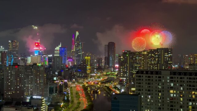 Ho Chi Minh City, Vietnam July 2, 2026 4k video of epic fire work for The 50th anniversary celebration of the day the city of Saigon - Gia Dinh was officially and honorably renamed Ho Chi Minh City