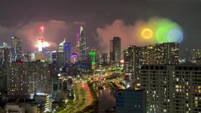 Ho Chi Minh City, Vietnam July 2, 2026 4k video of epic fire work for The 50th anniversary celebration of the day the city of Saigon - Gia Dinh was officially and honorably renamed Ho Chi Minh City