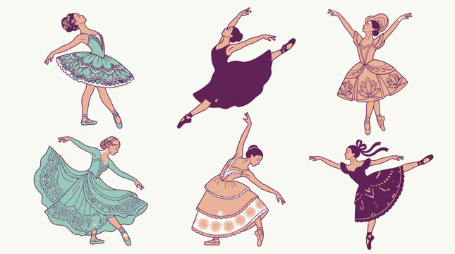 Conjunto de ilustra&ccedil;&otilde;es vetoriais de bailarinas cl&aacute;ssicas em v&aacute;rias poses graciosas, vestindo tutus detalhados e sapatilhas de ponta, isoladas em um fundo claro para design art&iacute;stico.