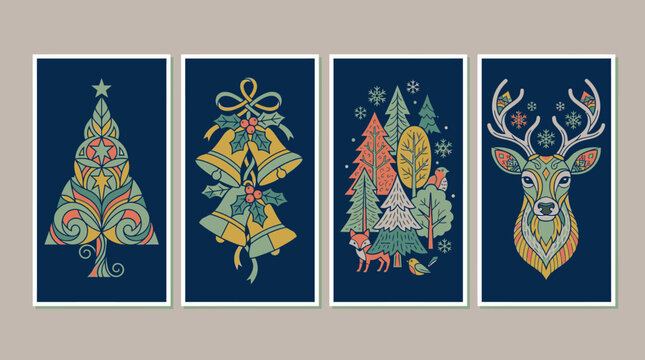 Ensemble de quatre cartes de v&oelig;ux de No&euml;l avec des illustrations vectorielles stylis&eacute;es repr&eacute;sentant un sapin orn&eacute;, des cloches festives, une for&ecirc;t hivernale et un cerf majestueux.
