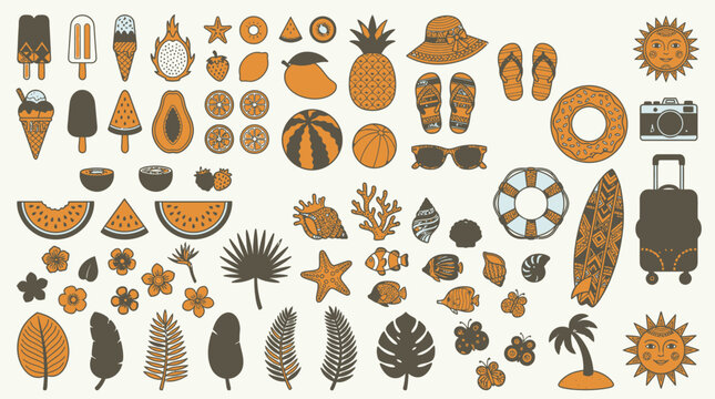 Set von Sommer-Symbolen mit tropischen Fr&uuml;chten, Strandzubeh&ouml;r, Meeresbewohnern und Pflanzen in einem flachen, minimalistischen Designstil auf einem hellen Hintergrund.