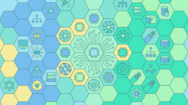 Fondo abstracto con patr&oacute;n de hex&aacute;gonos que contiene iconos de tecnolog&iacute;a, microchips, ventiladores de refrigeraci&oacute;n y redes de datos en tonos azules, verdes y amarillos suaves.