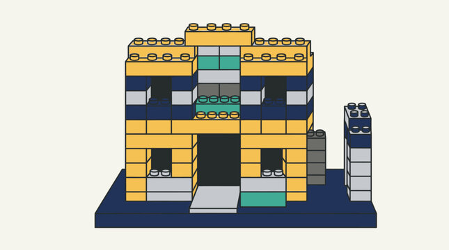 Una peque&ntilde;a casa construida con bloques de construcci&oacute;n de pl&aacute;stico de colores sobre una base azul, aislada sobre un fondo de color crema claro para proyectos creativos.