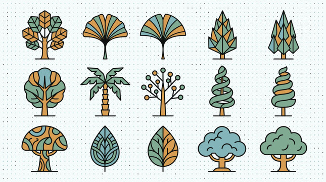 Set von verschiedenen stilisierten Baum-Symbolen in einem modernen, geometrischen Linien-Design mit einer Farbpalette aus Blau- und Oranget&ouml;nen auf einem gepunkteten Hintergrund.