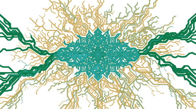 Fondo abstracto con patrones de circuitos electr&oacute;nicos entrelazados en tonos verde y dorado sobre un fondo blanco limpio, ideal para conceptos de tecnolog&iacute;a y conectividad digital.