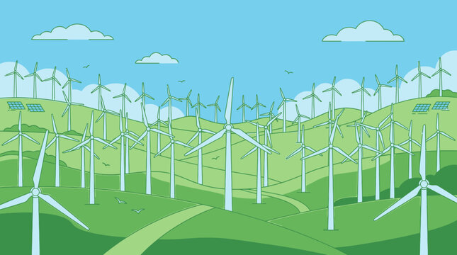 Ilustraci&oacute;n vectorial de un parque e&oacute;lico con numerosos aerogeneradores sobre colinas verdes bajo un cielo azul despejado, representando energ&iacute;a renovable y sostenibilidad ambiental.