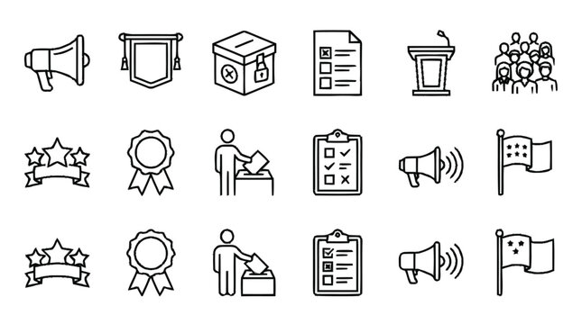 A collection of 20 icons depicting various symbols and objects related to business, communication, and awards on a white background in a graphic design format from Adobe.