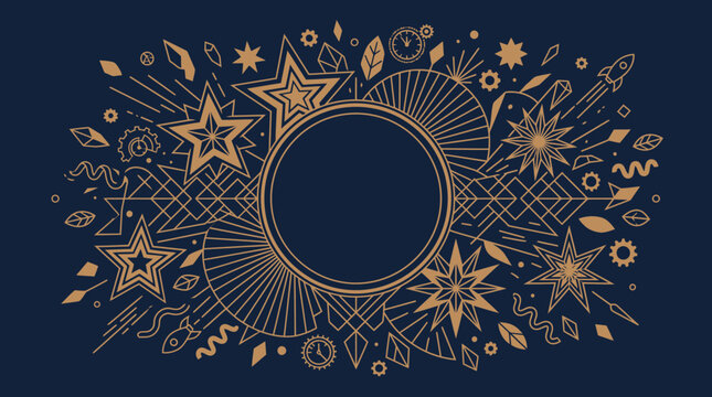 Dise&ntilde;o decorativo de estilo art deco con un marco circular central rodeado de estrellas doradas, formas geom&eacute;tricas y elementos abstractos sobre un fondo azul oscuro elegante.