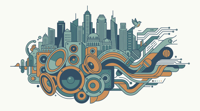 Ilustra&ccedil;&atilde;o vetorial estilizada combinando uma paisagem urbana moderna com elementos de &aacute;udio como alto-falantes, microfone e circuitos digitais em tons de azul e laranja sobre fundo claro.
