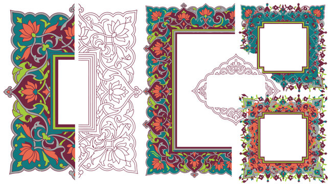 Colecci&oacute;n de marcos y bordes decorativos con intrincados patrones florales y geom&eacute;tricos de estilo &aacute;rabe, ideales para dise&ntilde;os culturales y elegantes.