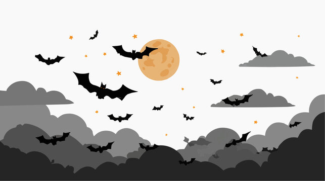 Spooky bats fly across a dark night sky with a full moon glowing warmly and mysterious clouds creating an eerie atmosphere