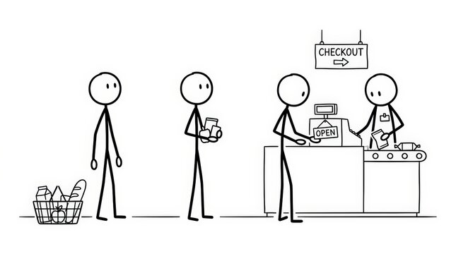 Stick Figures Waiting in Line at Supermarket Checkout Counter Simple Drawing