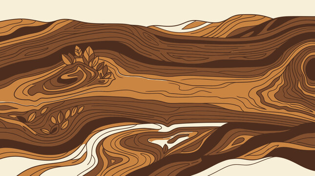 Illustration vectorielle abstraite repr&eacute;sentant des motifs de grain de bois naturel avec des lignes fluides et des textures organiques dans des tons de brun chaud et beige clair.