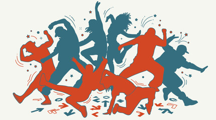 Obraz premium Illustration vectorielle dynamique représentant un groupe de jeunes gens dansant avec énergie, utilisant des silhouettes stylisées en rouge et bleu sur un fond clair pour un design festif.