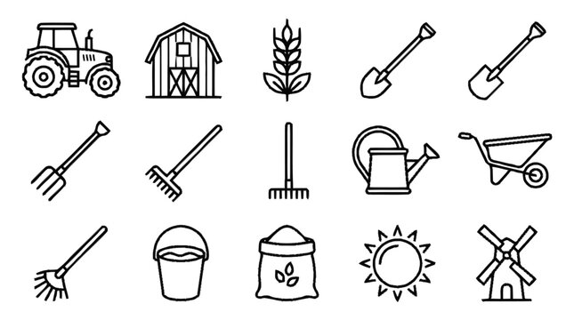 Farm icons illustrate a collection of agricultural tools and symbols on a white background including tractor and barn around (298).eps