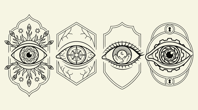 Conjunto de quatro ilustra&ccedil;&otilde;es vetoriais de olhos m&iacute;sticos e esot&eacute;ricos com elementos decorativos, padr&otilde;es geom&eacute;tricos e estilo de arte de linha preta sobre um fundo bege claro.