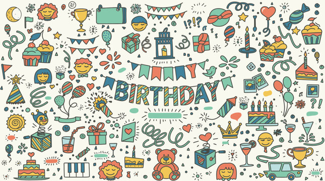 Ein handgezeichnetes Set mit niedlichen Geburtstagselementen, darunter Kuchen, Geschenke, Luftballons, Girlanden und Party-Icons in einem verspielten Doodle-Stil auf wei&szlig;em Hintergrund.