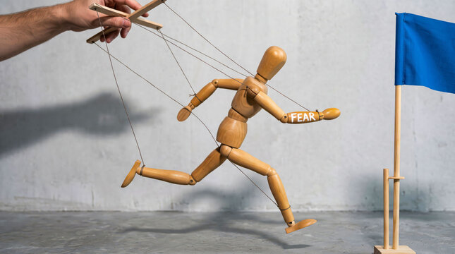 3d clay human figure running towards blue flag