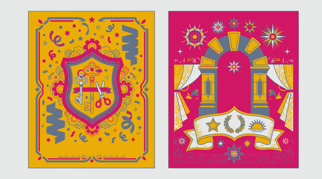 Ensemble de deux affiches d&eacute;coratives au style r&eacute;tro avec des illustrations vectorielles de blasons, d'arches architecturales, de rubans festifs et d'&eacute;l&eacute;ments graphiques ornementaux.