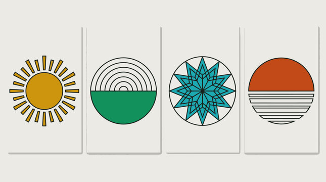 Cuatro ilustraciones abstractas y minimalistas con motivos geom&eacute;tricos de sol, amanecer y patrones decorativos en un estilo retro y moderno.