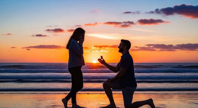 Man proposing to woman on beach during vibrant sunset.
