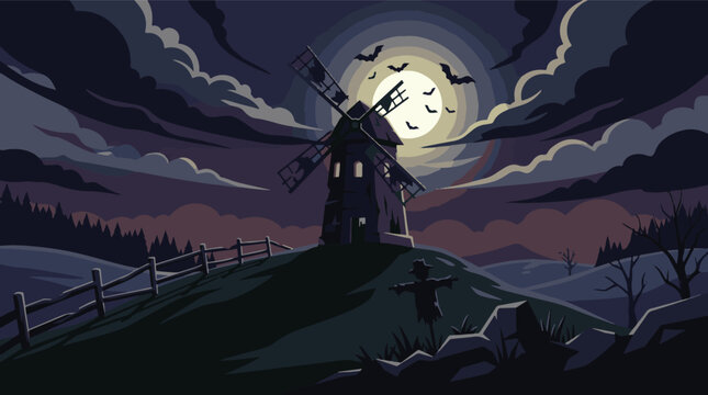 Haunted landscape illustration with scary windmill scarecrow and dark clouds in starry night