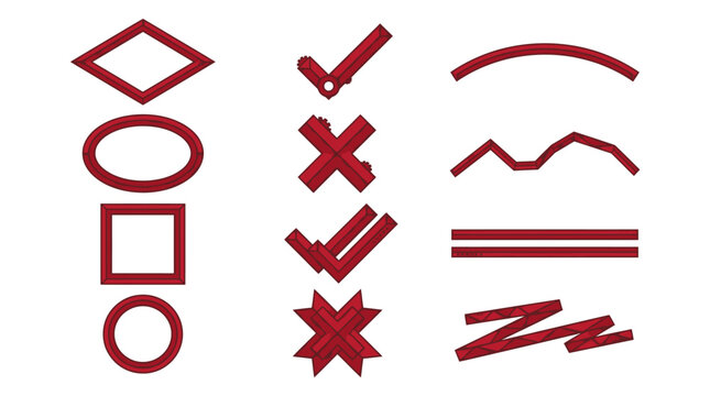 Conjunto de &iacute;cones e elementos gr&aacute;ficos em vermelho escuro, incluindo formas geom&eacute;tricas, s&iacute;mbolos de verifica&ccedil;&atilde;o, marcas de erro e linhas decorativas sobre um fundo branco isolado.