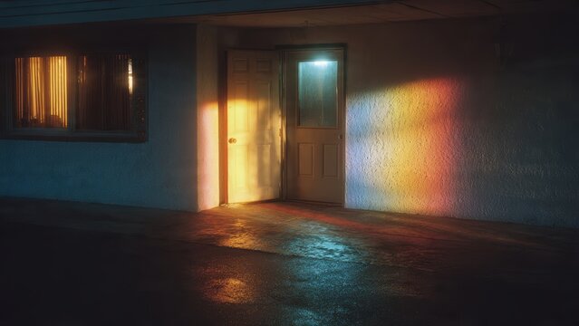 Rainbow light through motel doorway at night with dramatic shadows and reflections
