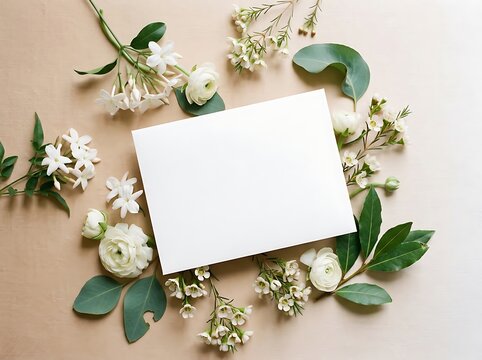 Elegant blank white card surrounded by delicate white flowers and green leaves arrangement
