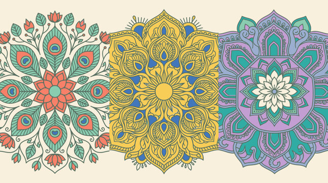 Drei kunstvolle, handgezeichnete Mandala-Illustrationen mit komplexen floralen Mustern, Pfauenfeder-Motiven und harmonischen Farbpaletten auf einem hellen, cremefarbenen Hintergrund.