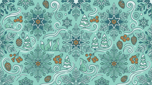 Patr&oacute;n sin costuras de invierno con copos de nieve, zorros, conejos, pinos y pi&ntilde;as sobre un fondo de color verde menta, ideal para dise&ntilde;os festivos y decoraci&oacute;n navide&ntilde;a.