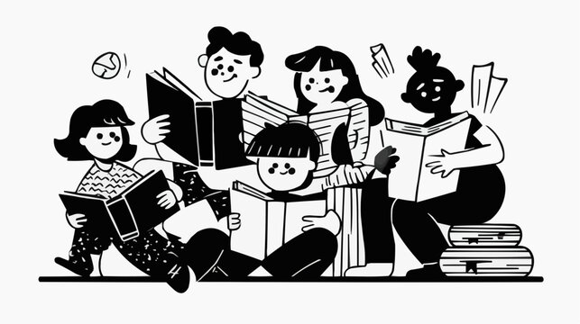 Diverse group of happy children reading books together feeling inspired and engaged in a cozy learning environment