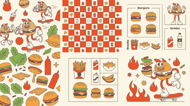 Patr&oacute;n de dise&ntilde;o retro de comida r&aacute;pida con hamburguesas animadas, patatas fritas y bebidas en un estilo de ilustraci&oacute;n vintage de dibujos animados con colores vibrantes y divertidos