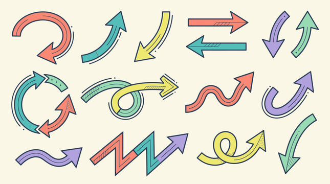 Conjunto de setas desenhadas &agrave; m&atilde;o em estilo doodle colorido, apresentando v&aacute;rias formas, dire&ccedil;&otilde;es e curvas para design gr&aacute;fico, infogr&aacute;ficos, marca&ccedil;&atilde;o de texto e elementos de interface.