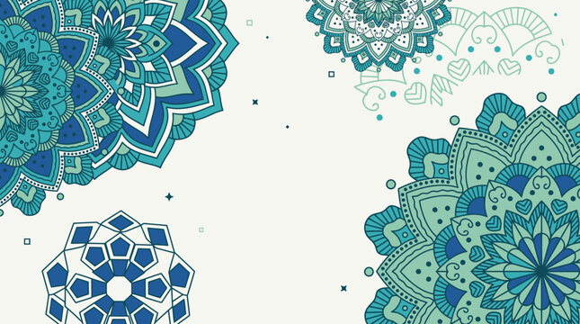 Fondo decorativo con elegantes mandalas en tonos azules y turquesas sobre una superficie blanca, ideal para dise&ntilde;os creativos, tarjetas de felicitaci&oacute;n o proyectos de bienestar espiritual.