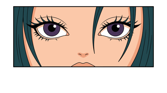 Close-up de um rosto feminino estilo anime com olhos roxos expressivos, c&iacute;lios longos e cabelo escuro, ilustrado em um formato retangular horizontal com tra&ccedil;os limpos e cores vibrantes.