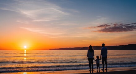 Fototapeta premium Family silhouette watching sunset over the ocean