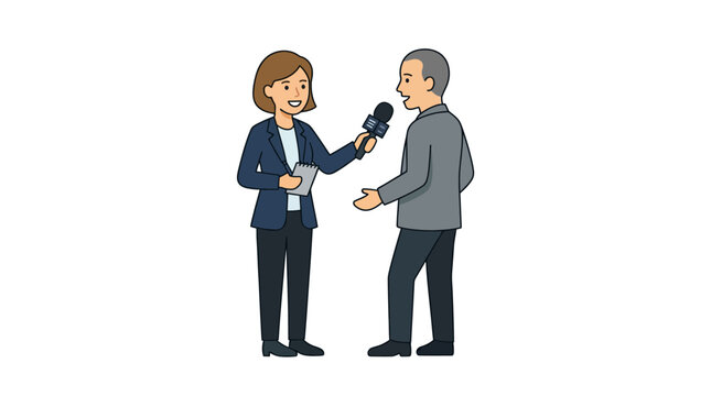 Journalist interviewing man with microphone and clipboard, cartoon illustration