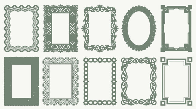 Conjunto de dez molduras decorativas em estilo vintage e cl&aacute;ssico com bordas ornamentadas em tons de verde sobre um fundo claro para design gr&aacute;fico e projetos criativos
