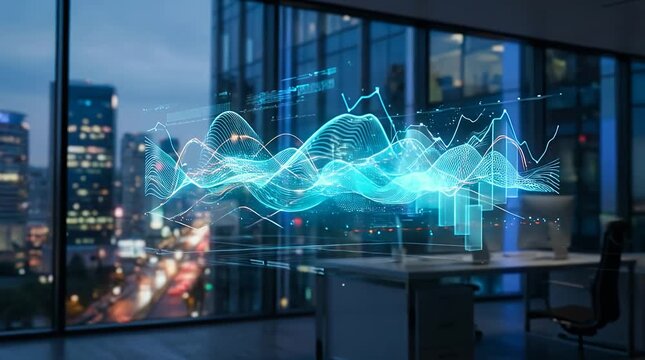 Futuristic Data Visualization Hologram in Modern Office
