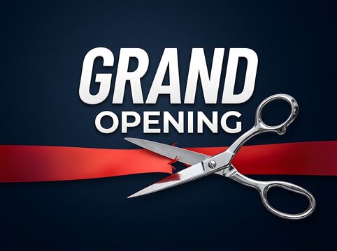 Grand opening celebration with scissors cutting red ribbon in a symbolic inauguration event
